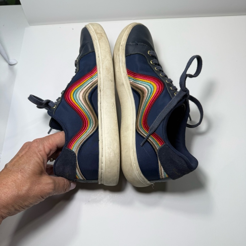Paul Smith Navy Rainbow Wave‎ Embroidered Leather Low Top Sneakers EU 39